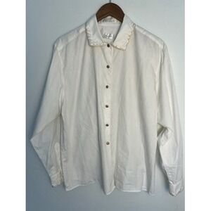 VTG Foxcroft Wm 16 White Embroidered Collar Button Blouse Retro Prairie Cottage